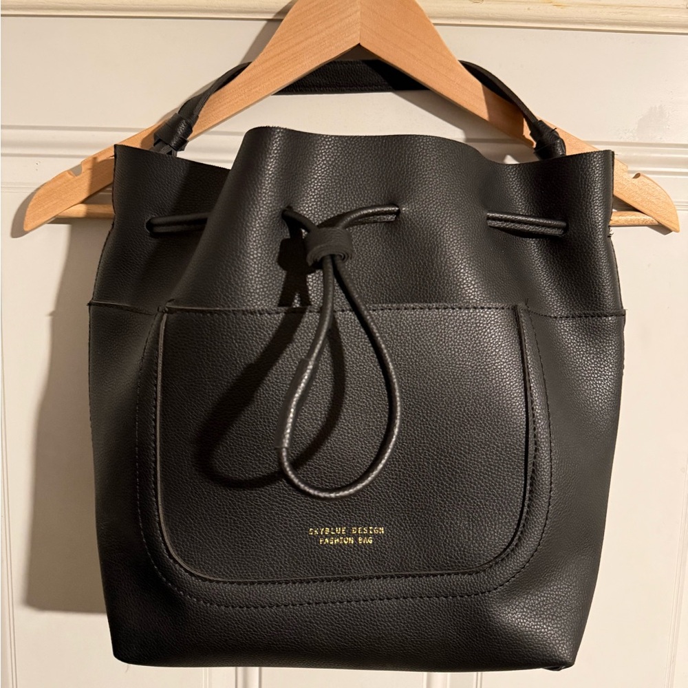 Faux leather black Drawstring Bucket bag